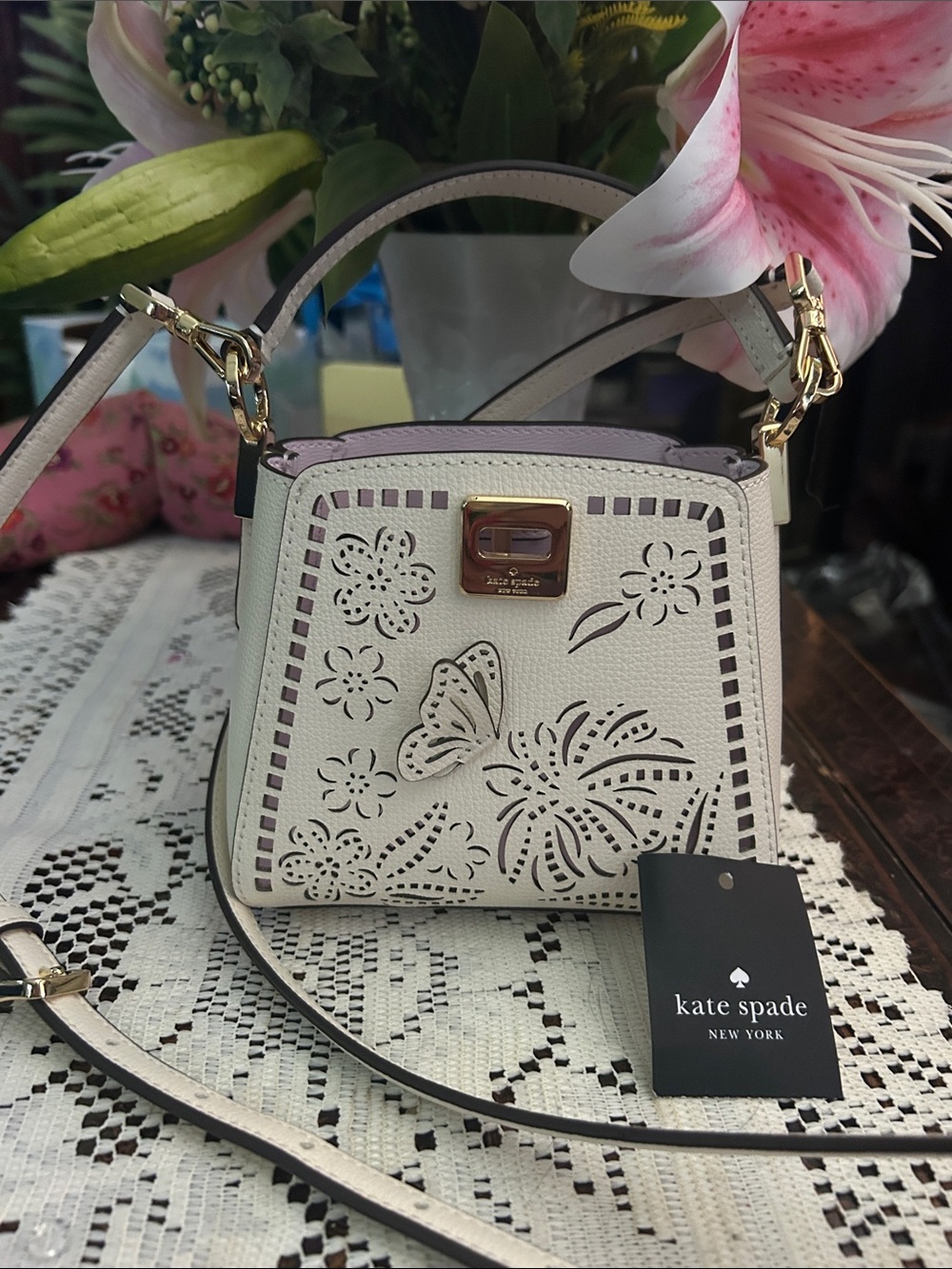 kate spade Cream Laser-Cut Butterfly Crossbody with Pink Trim